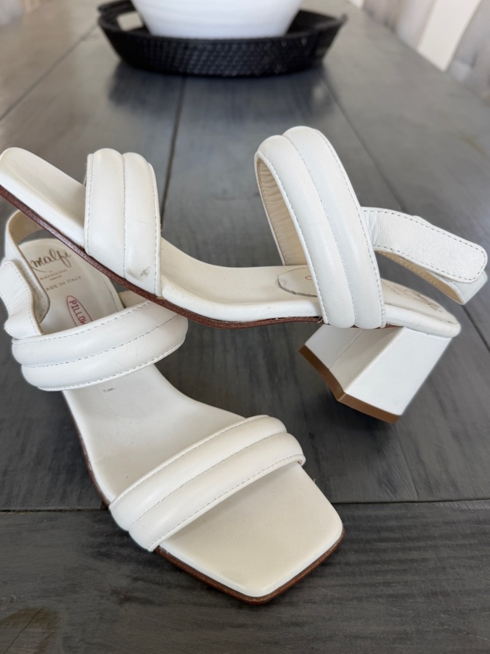 Amalfi by Rangoni Firenze Pillow Feel White Leather Block Heel Sandals